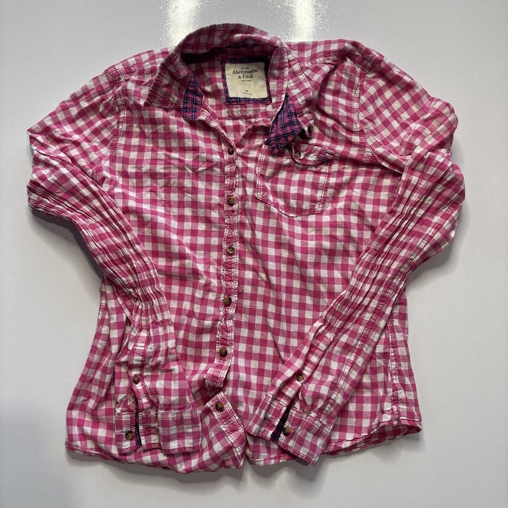 Abercrombie & Fitch Y2K Plaid Flannel Button Down Pink White Size M 100% Cotton